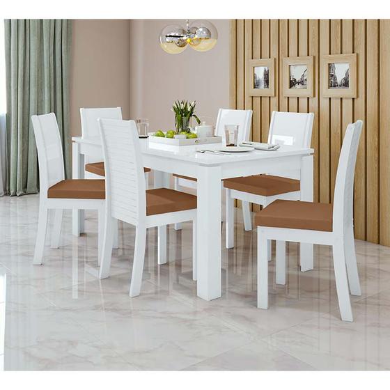 Imagem de Conjunto Sala de Jantar 6 Cadeiras Athenas 180 Lopas Branco/Corano Caramelo