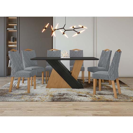 Imagem de Conjunto Sala de Jantar 6 Cadeiras Vênus Lopas Amêndoa Clean/Preto Fosco/Linho Cinza