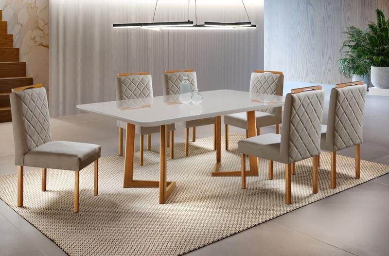 Imagem de Conjunto Sala de Jantar 6 Lugares Veneza Madeira Maciça Mesa e Cadeiras Linho Areia