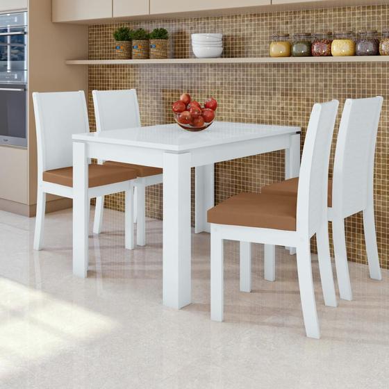 Imagem de Conjunto Sala de Jantar com Mesa 1,20 e 4 cadeiras Athenas material sintético Caramelo Branco - Móveis Lopas