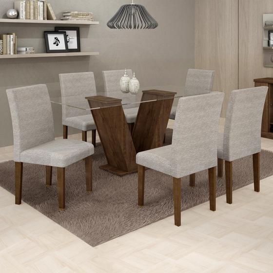 Imagem de Conjunto Sala de Jantar Com Mesa Classic Chocolate E Linho Cinza 90 Tampo de Vidro E 6 Cadeiras Cel Móveis
