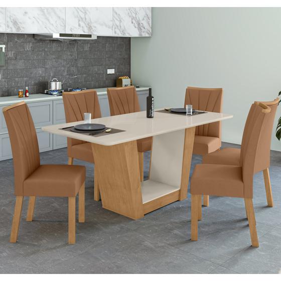 Imagem de Conjunto Sala de Jantar Mesa 160x80cm Tampo MDF/Vidro com 6 Cadeiras Apogeu Móveis Lopas