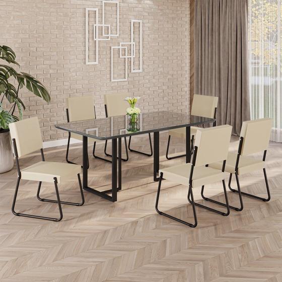 Imagem de Conjunto Sala de Jantar Mesa 160x90cm Base Lunna Tampo Mdf Laca com Vidro Napoli Creme / Preto