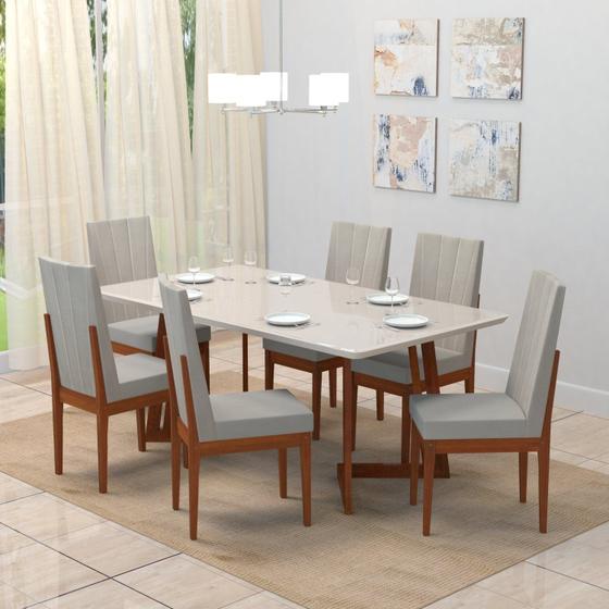 Imagem de Conjunto Sala de Jantar Mesa 160x90cm Tampo Vidro/MDF com 6 Cadeiras Safira Móveis Meneghetti