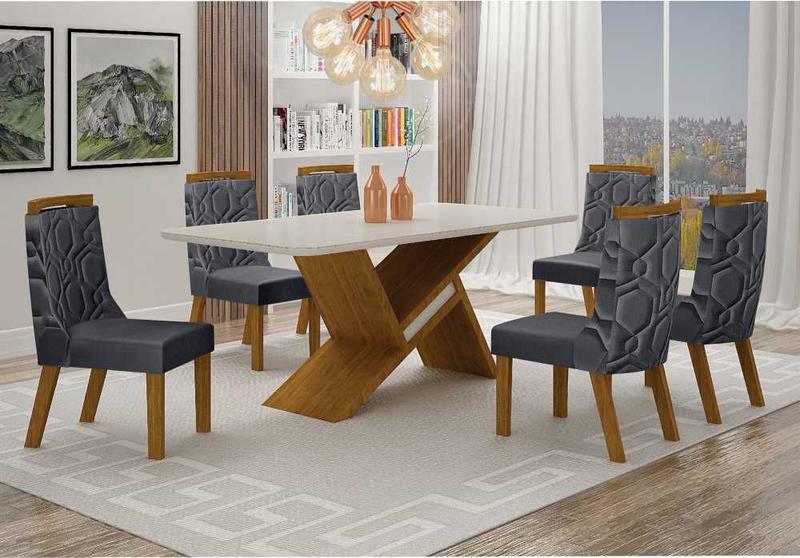 Imagem de Conjunto Sala de Jantar Mesa 180x90cm 6 Cadeiras Ágata Leifer Stela/Off/Chumbo