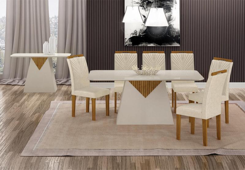 Imagem de Conjunto Sala de Jantar Mesa 180x90cm Tampo mdf e Vidro com 6 Cadeiras Stela Joli Palha - Leifer