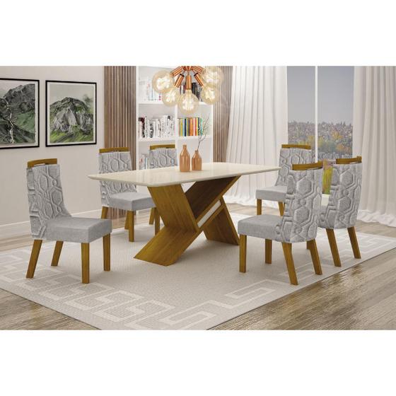 Imagem de Conjunto Sala de Jantar Mesa 180x90cm Tampo MDF/Vidro com 6 Cadeiras Ágata Linho Prata - Leifer