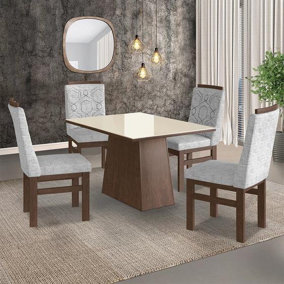 Imagem de Conjunto Sala de Jantar Mesa 90x120cm Tampo Vidro com 4 Cadeiras Madeira Maciça Tecido Linho Zamarch