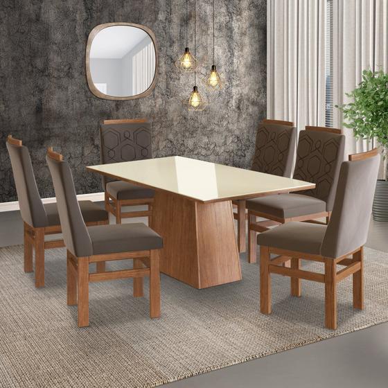 Imagem de Conjunto Sala de Jantar Mesa 90x160cm Tampo Vidro com 6 Cadeiras Madeira Maciça Tecido Joli Zamarchi