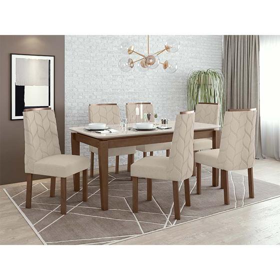 Imagem de Conjunto Sala de Jantar Mesa Áries Com 6 Cadeiras Astrid Lopas Imbuia Clean/Off White/Linho Rinzai Bege