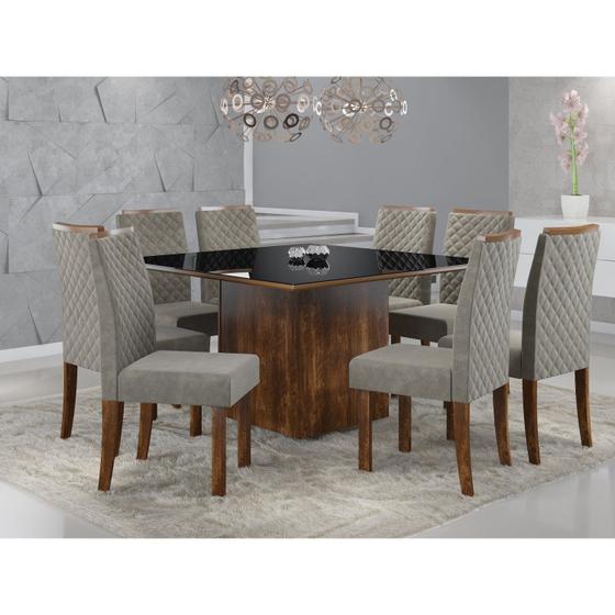 Imagem de Conjunto Sala de Jantar Mesa Atena 136cm Tampo Vidro/MDF com 8 Cadeiras Elegance Sonetto Móveis