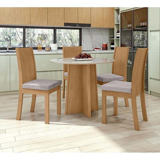 Imagem de Conjunto Sala de Jantar Mesa Celebrare Redonda Com 4 Cadeiras Athenas Lopas Amêndoa Clean/Off White/Linho Rustico