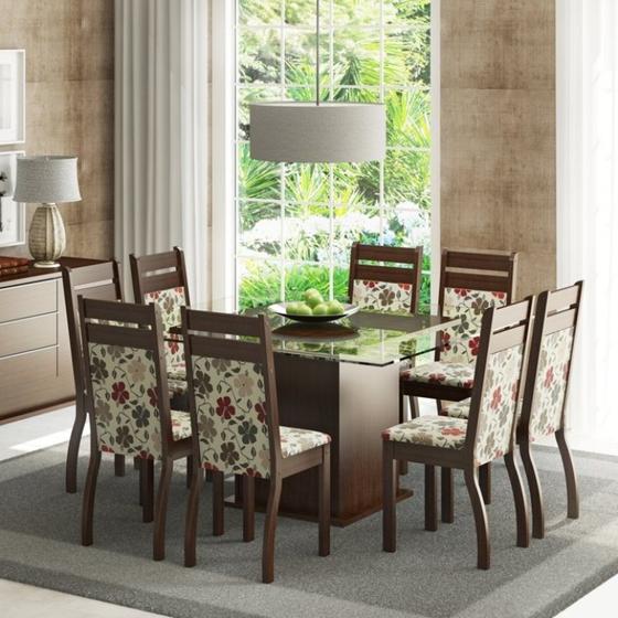 Imagem de Conjunto Sala de Jantar Mesa com Tampo de Vidro e 8 Cadeiras Louise Madesa Tabaco/ Hibiscos