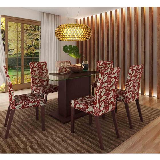 Imagem de Conjunto Sala de Jantar Mesa e 6 Cadeiras Olivenza Madesa Tabaco/Tecido Floral Vermelho
