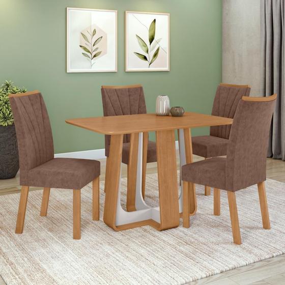 Imagem de Conjunto Sala de Jantar Mesa Easy Pop 120x80cm Tampo MDF com 4 Cadeiras Confort Couro Morano Avelã Amêndoa/Off White