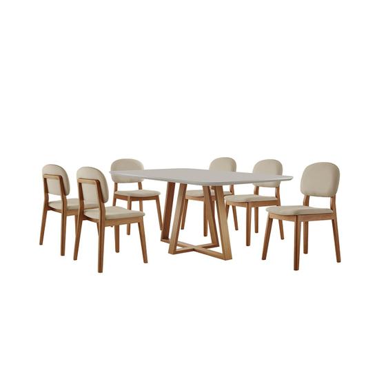 Imagem de Conjunto Sala de Jantar Mesa Florença 160x90cm Tampo Retângular Vidro/MDF Off White com 6 Cadeiras Évora  Móveis Minas