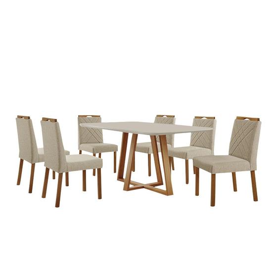 Imagem de Conjunto Sala de Jantar Mesa Florença Madeira Maciça 160x90cm Tampo Retângular Vidro Off White com 6 Cadeiras Dallas com Puxador Móveis Minas