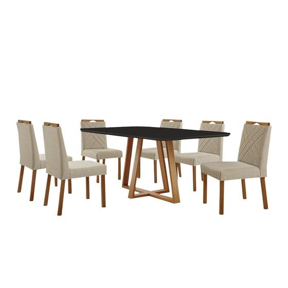 Imagem de Conjunto Sala de Jantar Mesa Florença Madeira Maciça 180x90cm Tampo Retângular Vidro Preto com 6 Cadeiras Dallas com Puxador  Móveis Minas