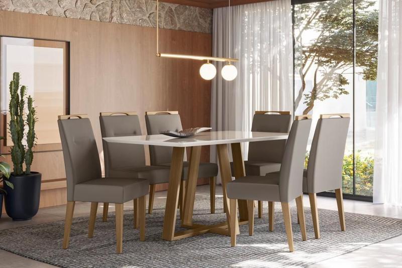 Imagem de Conjunto Sala de Jantar Mesa Lectus 1,60x0,90m E 6 Cadeiras Italia Amendoa/OffWhite/Cinza New Ceval