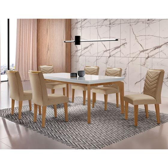 Conjunto Sala de Jantar Mesa Liz 180 cm com Vidro e 6 Cadeiras Liz - Moderna Mobília