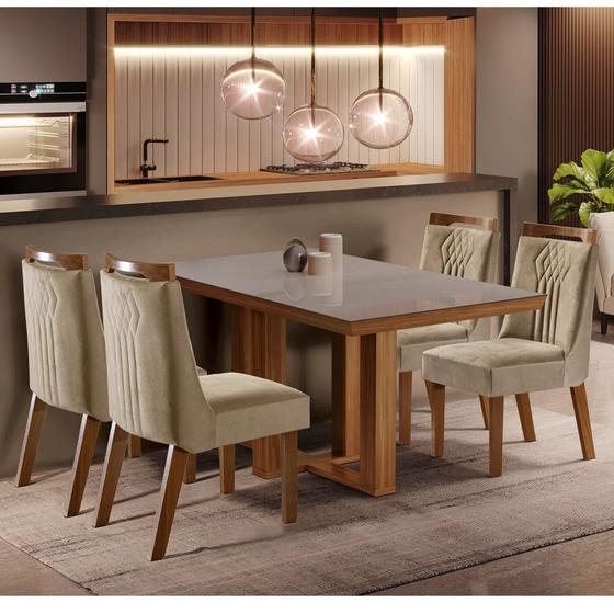 Conjunto Sala de Jantar Mesa Lottus Tampo MDF e Vidro e 4 Cadeiras Dallas Menor preço em Conjunto Sala de Jantar Mesa Lottus Tampo MDF e Vidro e 4 Cadeiras Dallas