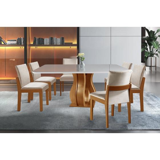 Imagem de Conjunto Sala de Jantar Mesa Nuance 135cm Quadrada Tampo Vidro/mdp com 6 Cadeiras Mônaco Yescasa Castanho Cinamomo/Creme/Off White