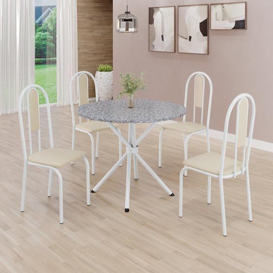 Imagem de Conjunto Sala de Jantar Mesa Redonda 75cm Tampo Granito Ocre 4 Cadeiras Linda Yescasa Creme/Branco