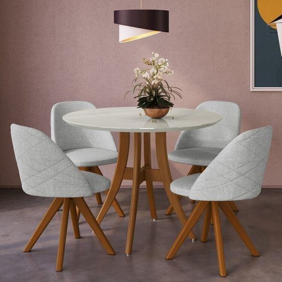 Imagem de Conjunto Sala de Jantar Mesa Redonda com Tampo em Mdf com Vidro Fendi, Pés Madeira Maciça 4 Cadeiras Imbuia /Cinza Claro