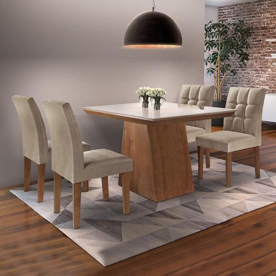 Imagem de Conjunto Sala de Jantar Mesa Sevilha Tampo de Vidro 4 Cadeiras Vitoria Chocolate com Linho Cinza Cel Moveis
