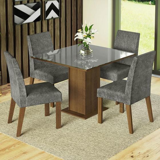 Conjunto Sala de Jantar Mesa Tampo de Vidro 4 Cadeiras Rustic/Cinza/Silver Anne Madesa Imagem de Conjunto Sala de Jantar Mesa Tampo de Vidro 4 Cadeiras Rustic/Cinza/Silver Anne Madesa