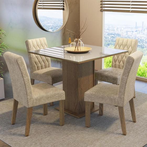 Conjunto Sala de Jantar Mesa Tampo de Vidro 4 Cadeiras Rustic/Crema/Imperial Anaju Madesa Imagem de Conjunto Sala de Jantar Mesa Tampo de Vidro 4 Cadeiras Rustic/Crema/Imperial Anaju Madesa
