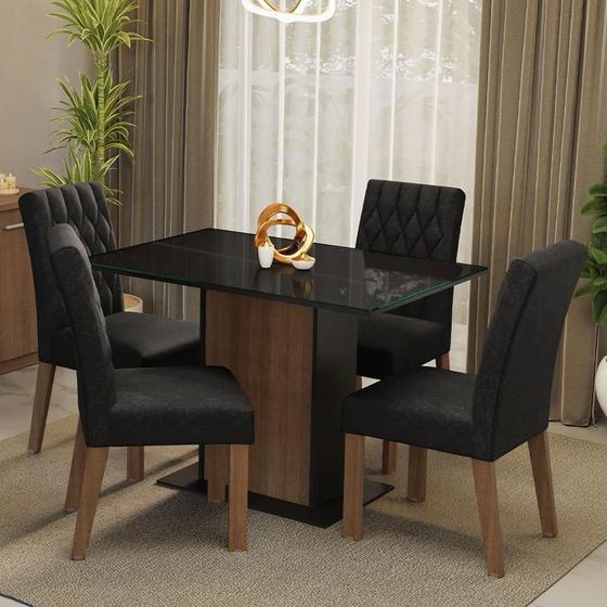 Conjunto Sala de Jantar Mesa Tampo de Vidro 4 Cadeiras Rustic/Preto/Oxford Reale Madesa