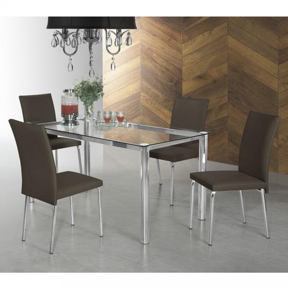 Conjunto Sala de Jantar Mesa Tampo de Vidro Aço Daiane 4 Cadeiras Viana Espresso Móveis Marrom Menor preço em Conjunto Sala de Jantar Mesa Tampo de Vidro Aço Daiane 4 Cadeiras Viana Espresso Móveis Marrom