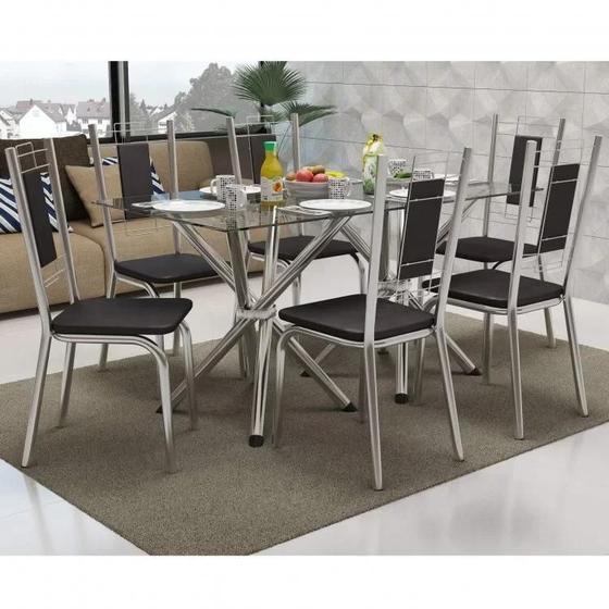 Conjunto Sala de Jantar Mesa Tampo de Vidro Volga e 6 Cadeiras Florença Crome Menor preço em Conjunto Sala de Jantar Mesa Tampo de Vidro Volga e 6 Cadeiras Florença Crome