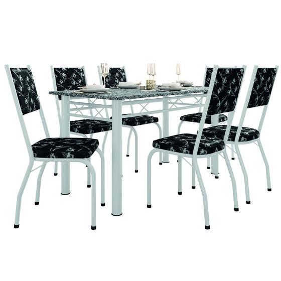 Imagem de Conjunto Sala De Jantar Mesa Tampo Granito 1,40m Com 6 Cadeiras Diana Branco / Floral Artefamol