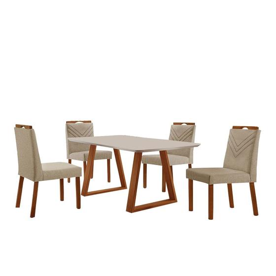 Imagem de Conjunto Sala de Jantar Mesa Viena Madeira Maciça 120x90cm Tampo Retângular Vidro Off White com 4 Cadeiras Maia com Puxador Móveis Minas