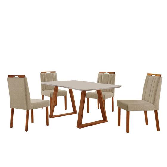 Imagem de Conjunto Sala de Jantar Mesa Viena Madeira Maciça 140x80cm Tampo Retângular Vidro Off White com 4 Cadeiras Ágata com Puxador Móveis Minas