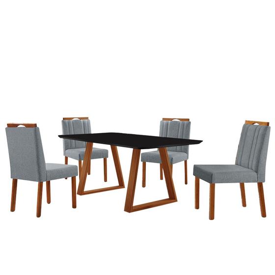 Imagem de Conjunto Sala de Jantar Mesa Viena Madeira Maciça 140x80cm Tampo Retângular Vidro Preto com 4 Cadeiras Ágata com Puxador Móveis Minas