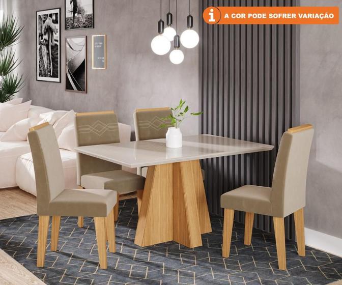 Imagem de Conjunto Sala De Jantar Patricia 130X80 Tampo MDF/Vidro 4 Cadeiras Tais Cimol Nature/Offwhite/Joli