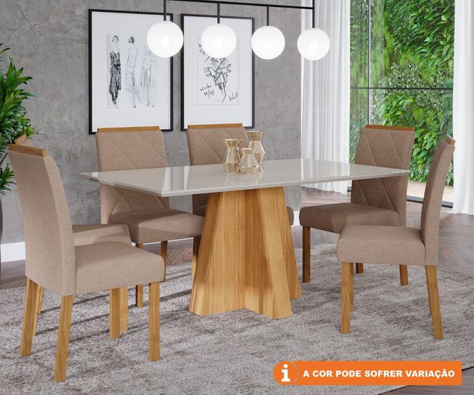 Imagem de Conjunto Sala De Jantar Patricia 160X80 Tampo MDF/Vidro 6 Cad. Fernanda Cimol Nature/Offwhite/Mad/Linho Beg