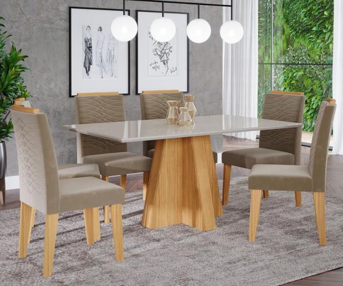 Imagem de Conjunto Sala De Jantar Patricia 160X80 Tampo MDF/Vidro 6 Cadeiras Clarice Cimol Nature/Offwhite/Joli