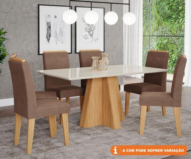 Imagem de Conjunto Sala De Jantar Patricia 80X160 Tampo Mdf/Vidro 6 Cadeiras Tais Cimol Nature/Offwhite/Chocolate