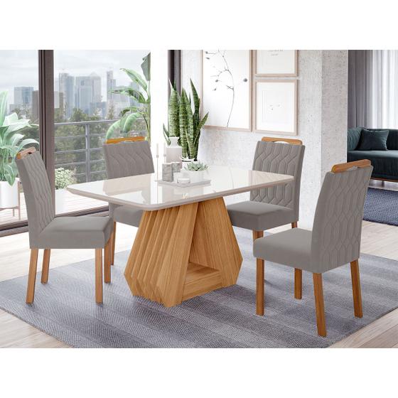 Imagem de Conjunto Sala de Jantar Retangular 4 Lugares Mesa Tampo de Vidro 130 cm Agata Cadeiras Estofadas Paola Cimol Nature/Off White/Madeira/Joli