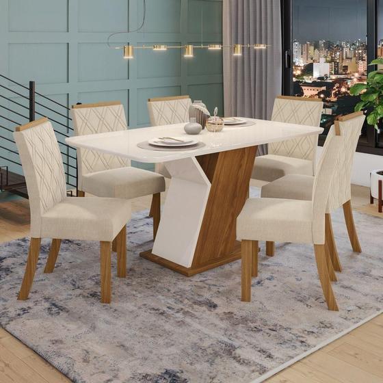 Imagem de Conjunto Sala De Jantar Tampo Mdf Com Vidro Canto Arredondado 160 Cm 06 Cadeiras Lupita Casa 812 Nature Com Off White E Linho