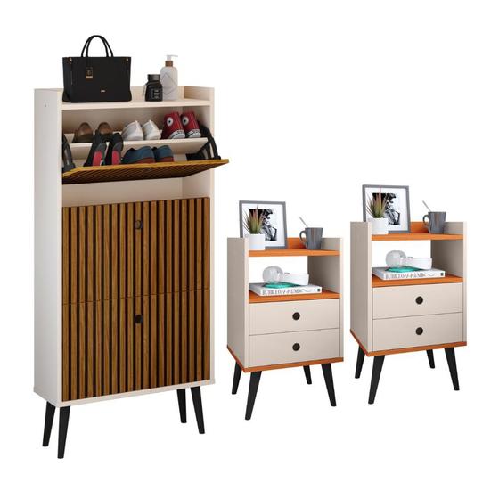 Imagem de Conjunto Sapateira Vertical 3 Gavetas Basculantes Organizadoras Dark e Kit 2 Mesinhas Canto Quarto Modernas Nicho Decorativo Dream RPM