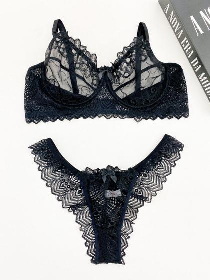 Imagem de Conjunto Sem Bojo Com Aro Rendado Com Detalhe Em Tule Preto