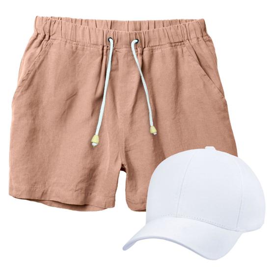 Conjunto Short de Linho Masculino Boné Liso Estilo Casual Básico