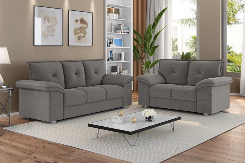 Conjunto Sofá 2 e 3 Lugares Suede Veludo França Luizzi Cinza BEST