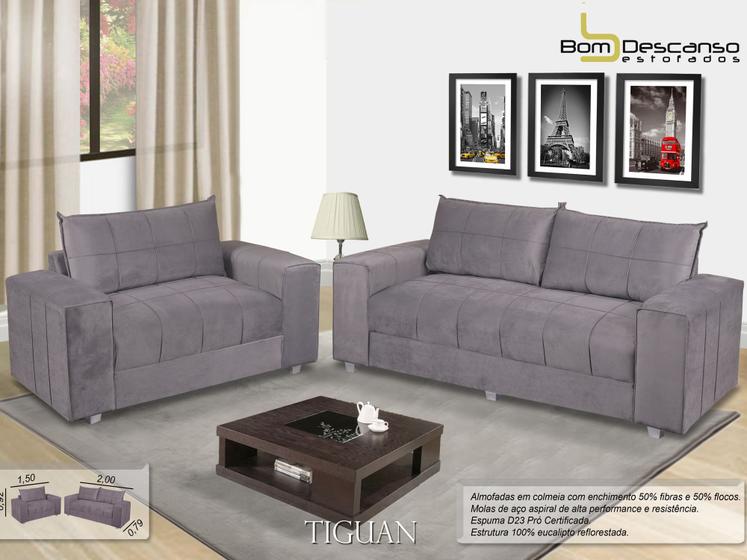 Imagem de Conjunto Sofa 2x3 Lugares Tiguan Bom descanso Veludinho Cinza