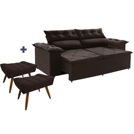 Imagem de Conjunto Sofá Compact 2 metros retrátil e reclinável com Molas Espirais e 2 Puffs Suede Marrom - Sofá na Web